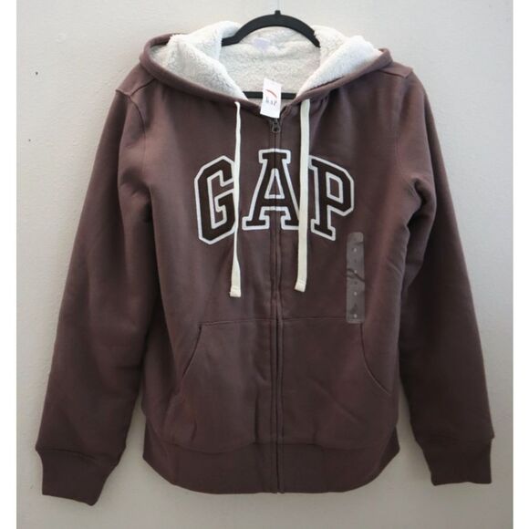 Gap 739757-08 Women's Sz S Peppercorn Brown Logo Sherpa-Lined Zip Hoodie - Picture 1 of 10